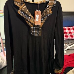 Black Top with Plaid Collar and Cuffs